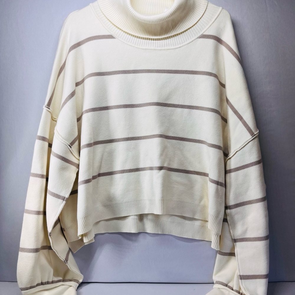 Free People Cream and Brown Striped Turtleneck Sweater